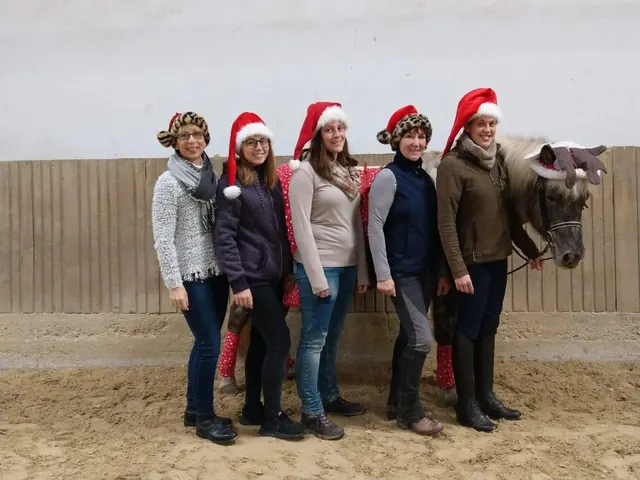 Fünf Frauen mit Weihnachtsmützen neben einem Pferd in einer Halle
