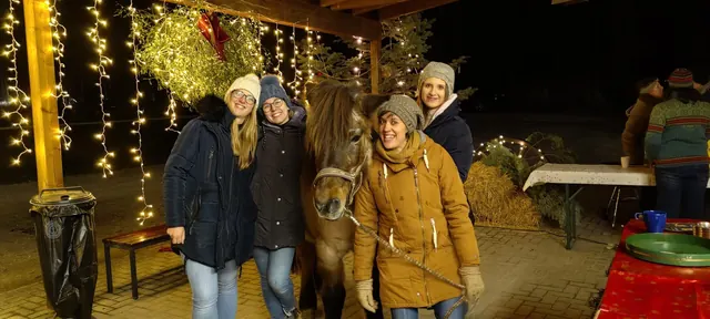 Personen und ein Pferd unter Lichterketten am Abend